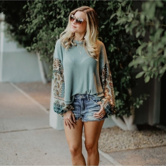 By Together Lost Gypsy Waffle Knit Thermal Boho Sleeve Top Blush Pink Size M - Picture 4 of 11